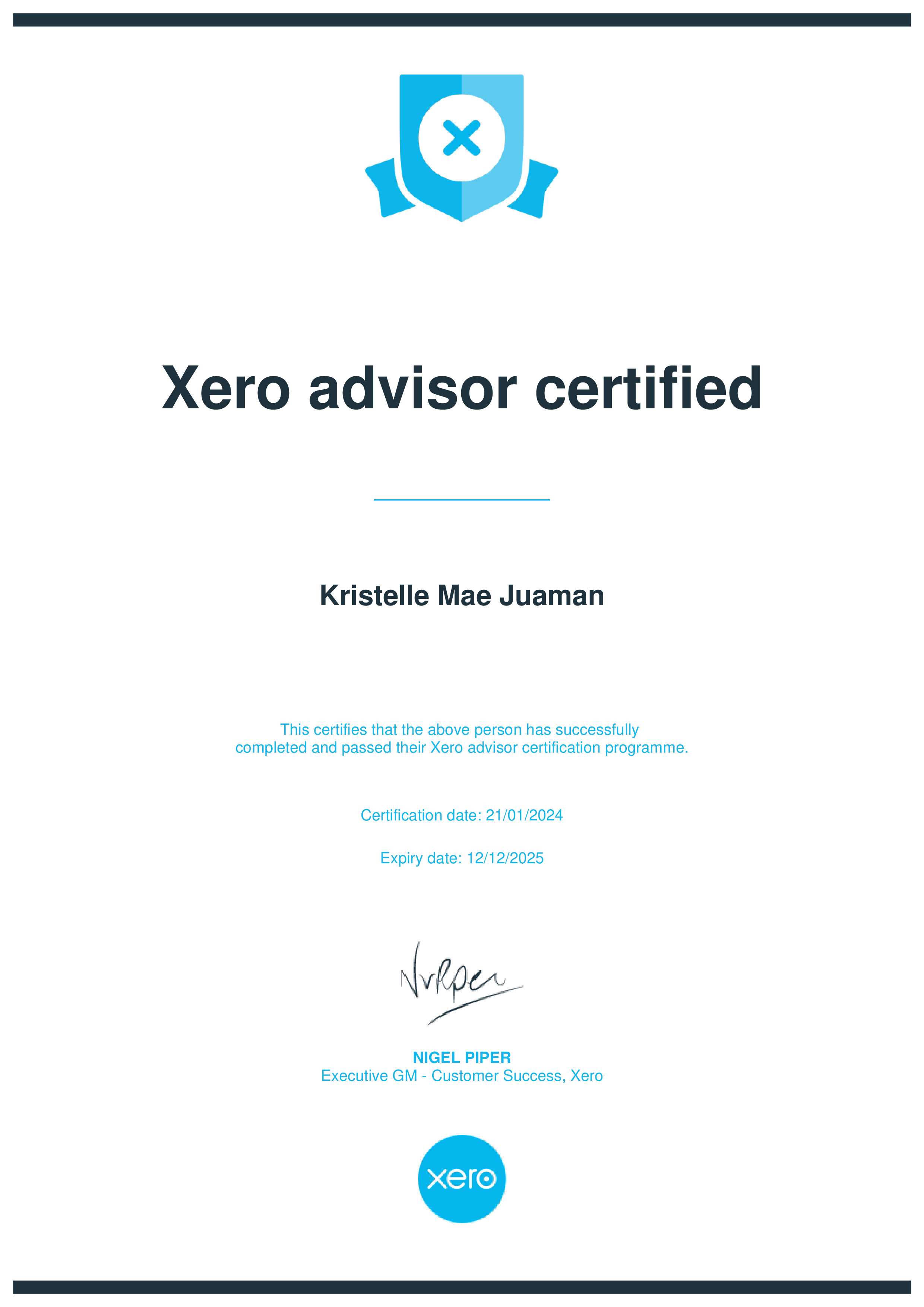 XERO ADVISOR CERTIFICATE