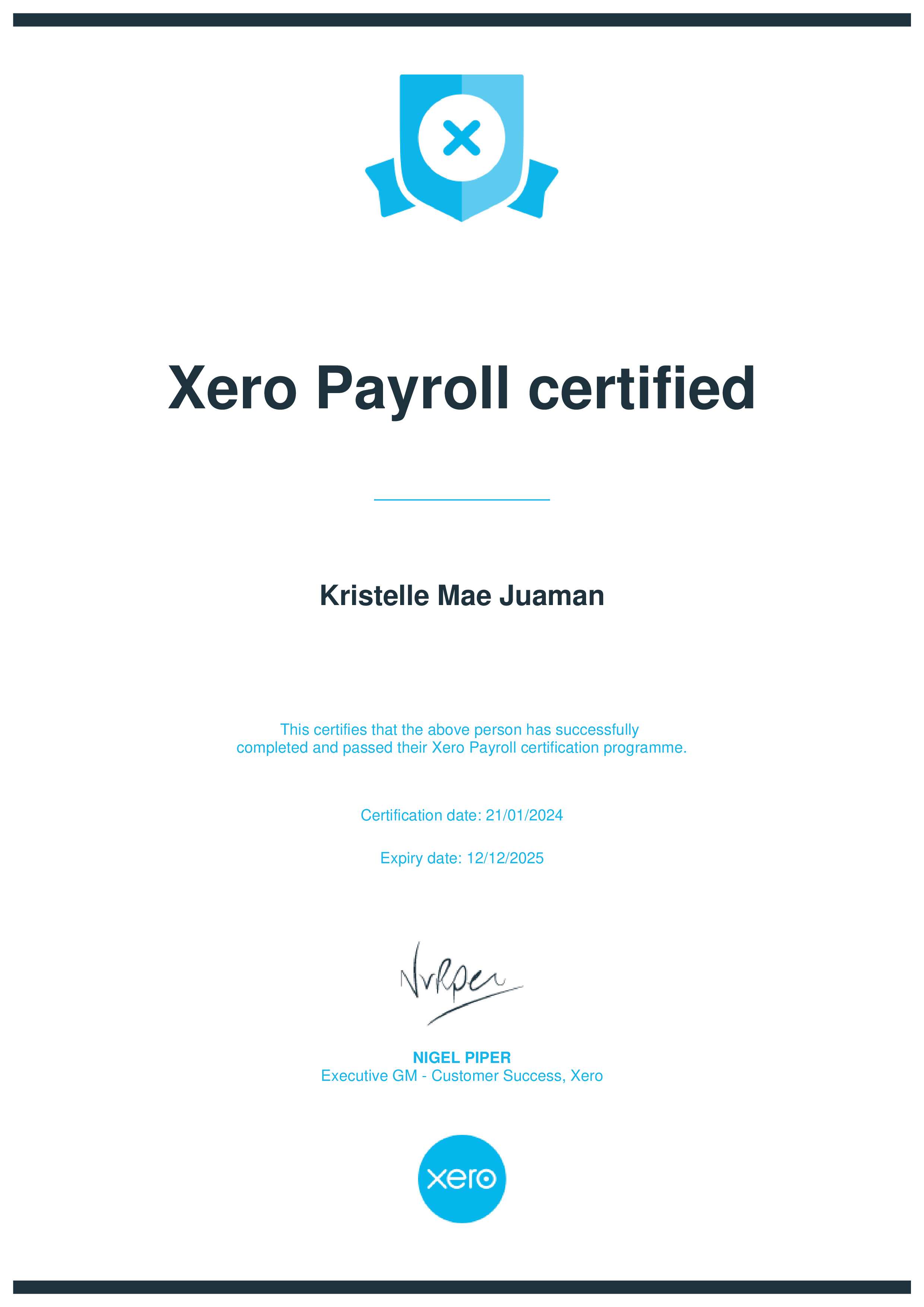 XERO PAYROLL CERTIFICATE