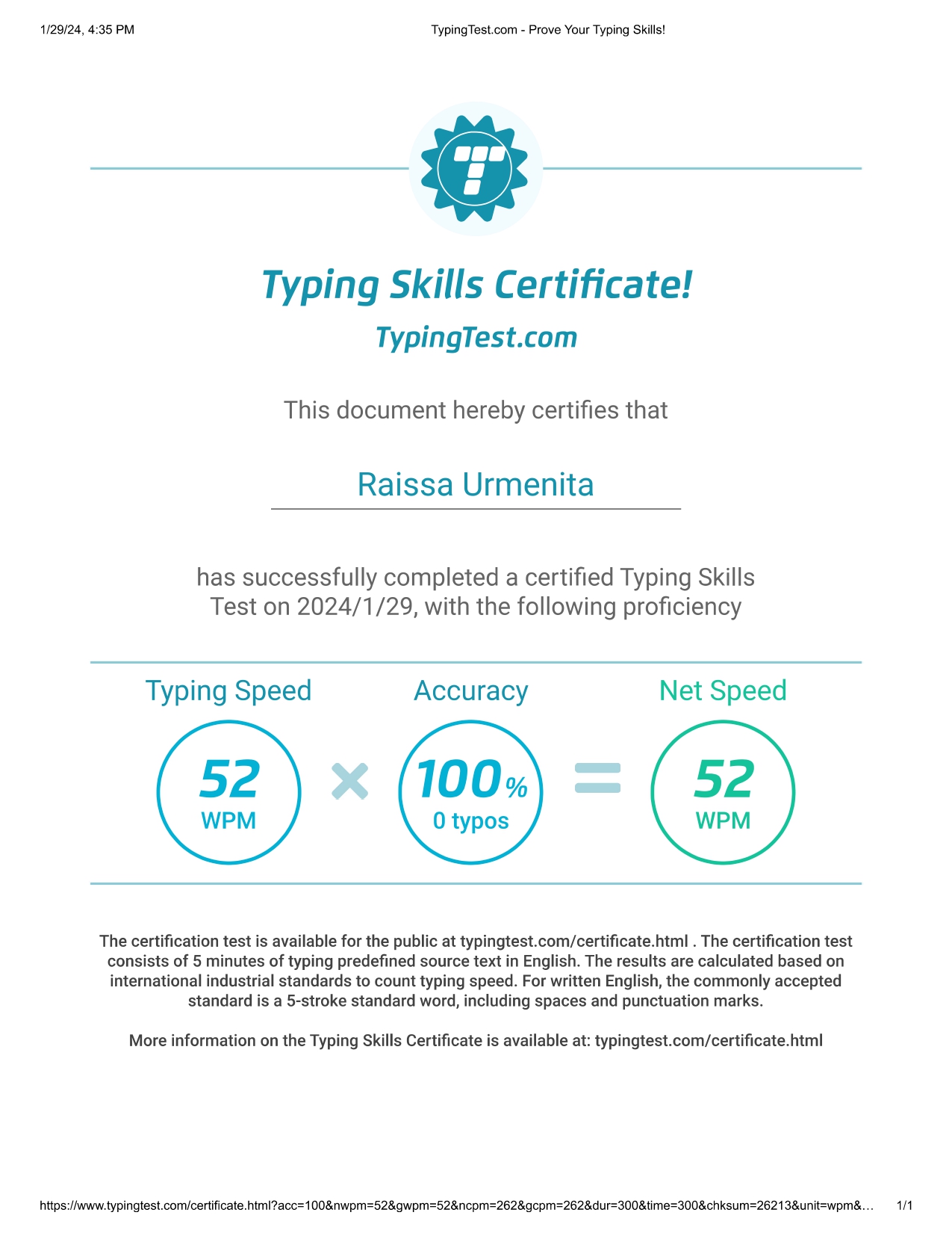 TypingTest Certificate