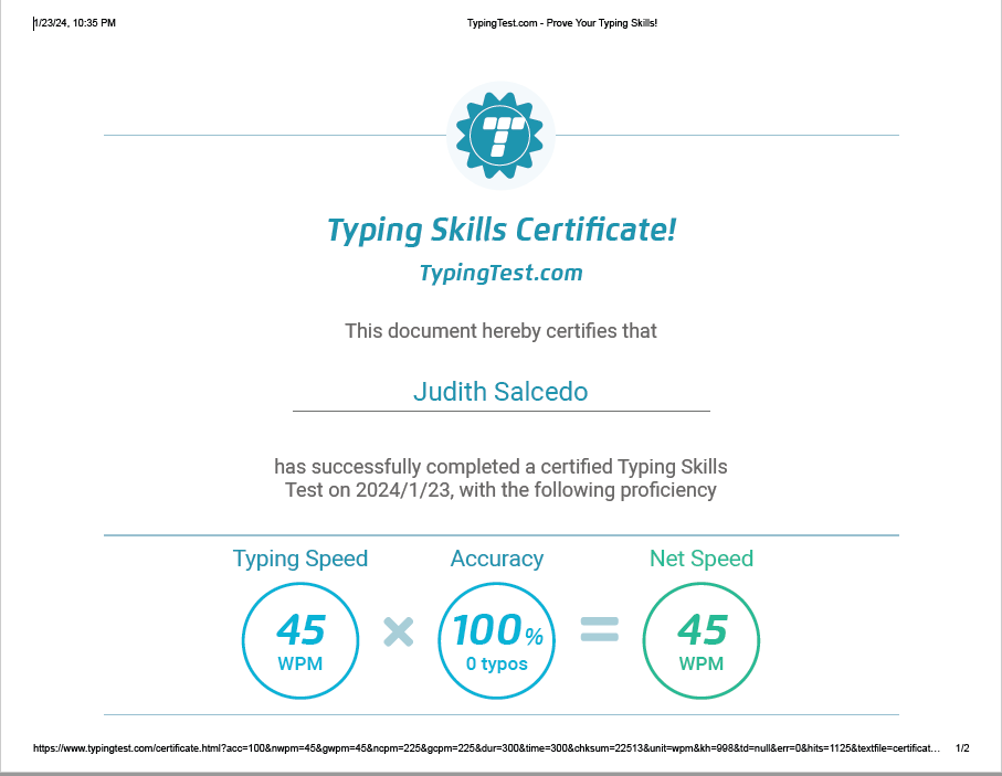 Typing test certificate