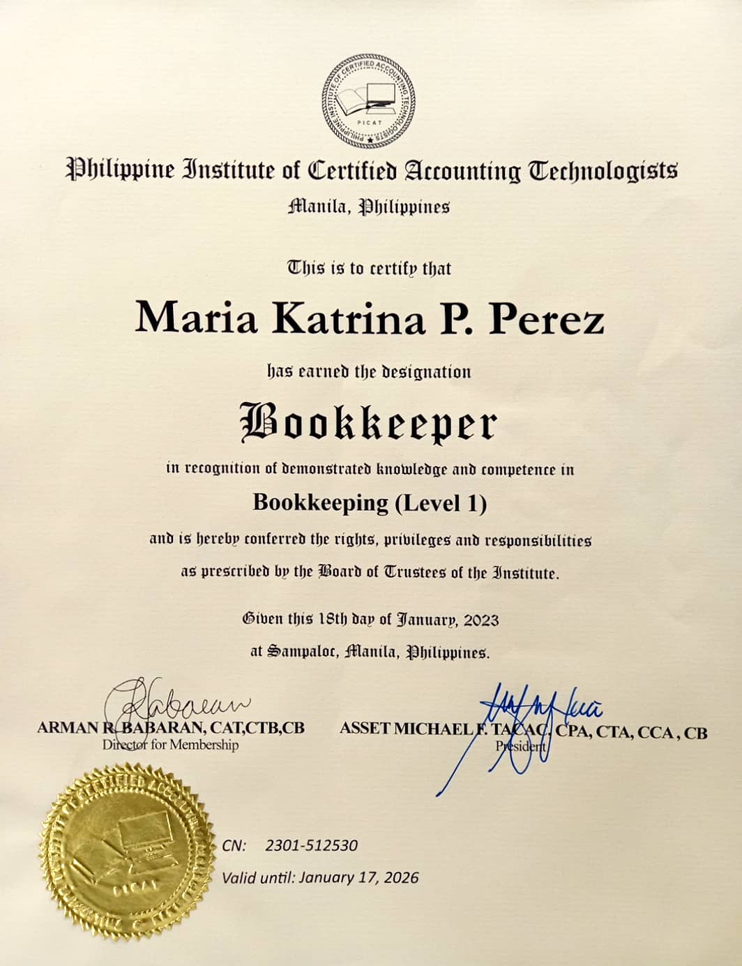 Certified Bookkeeper