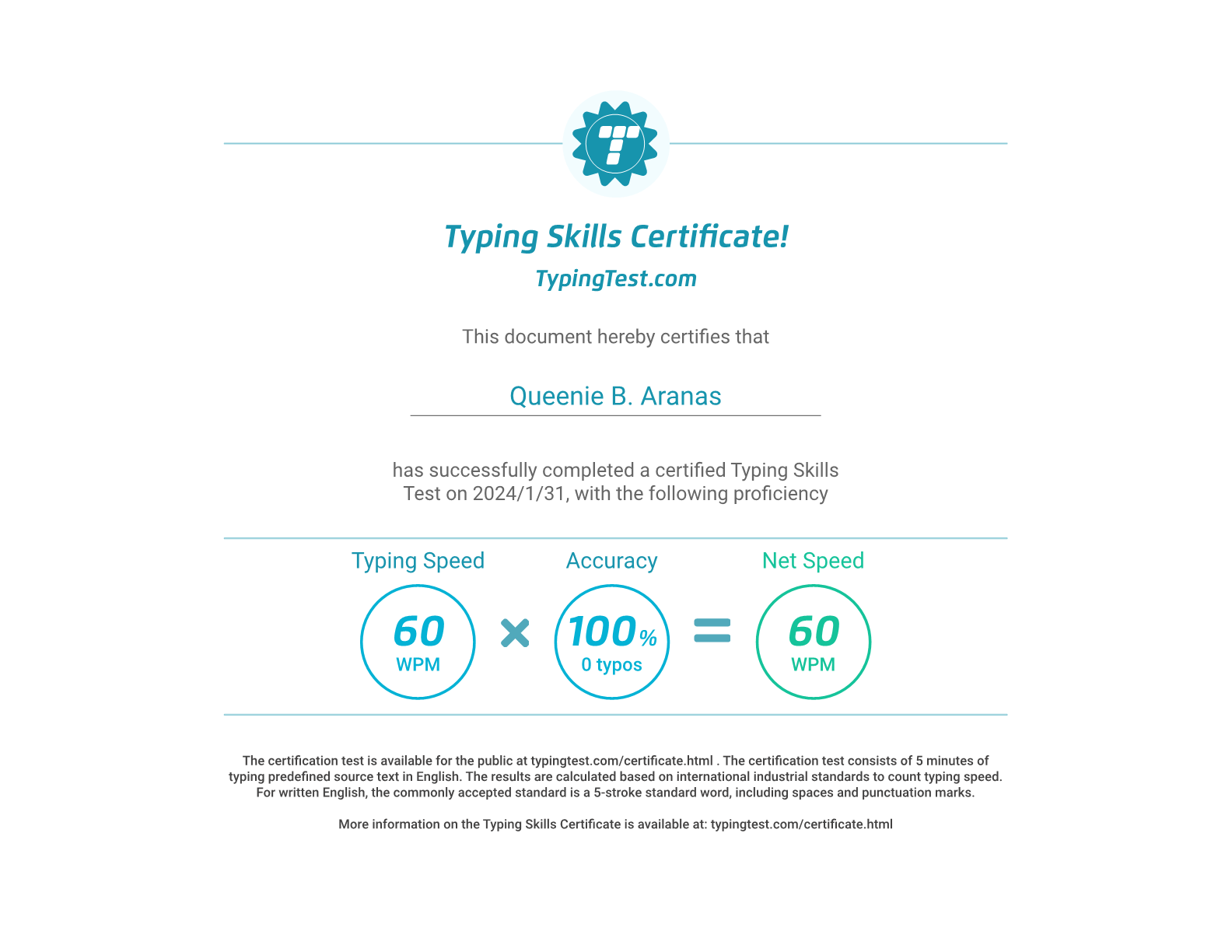 Typing Certificate from typingtest.com (60 WPM)