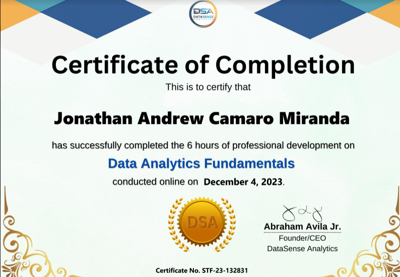 Certificate of Completion on Data Analytics Fundamentals