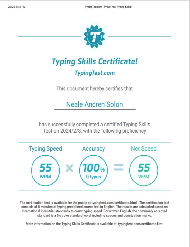 TYPING TEST CERTIFICATE