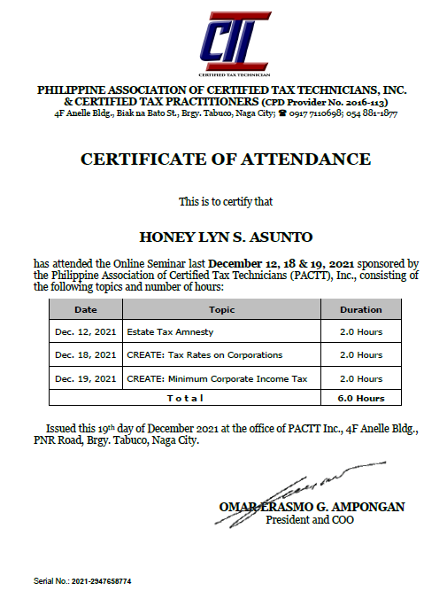 Philippine Association of Certified Tax Technicians, Inc. (Dec.12,18&19, 2021)