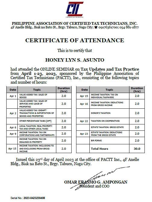 Philippine Association of Certified Tax Technicians, Inc. (April 1-23, 2023)