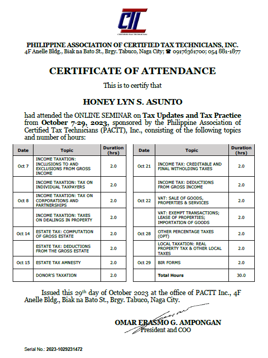 Philippine Association of Certified Tax Technicians, Inc. (Oct.7-29, 2023)