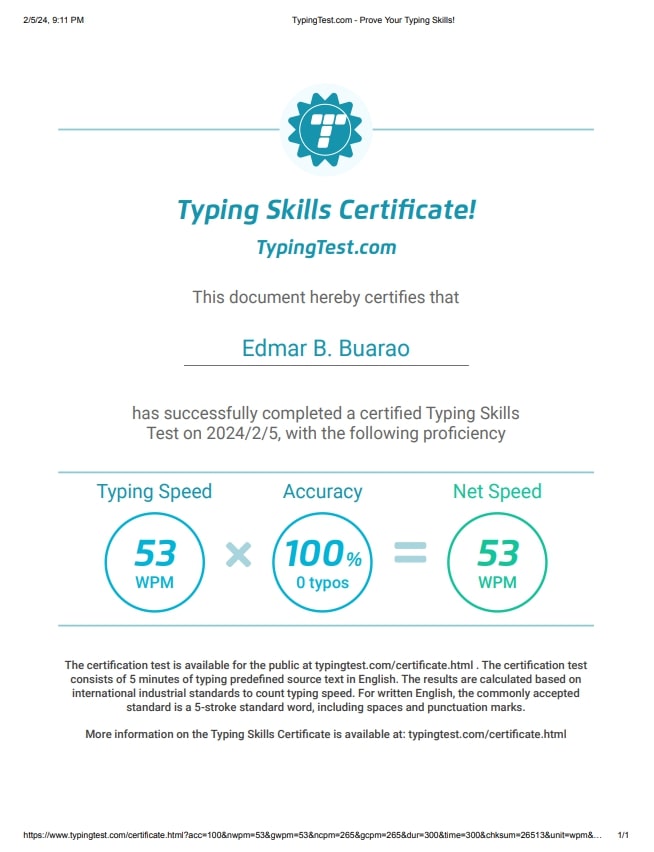 Typing Skills Certificate