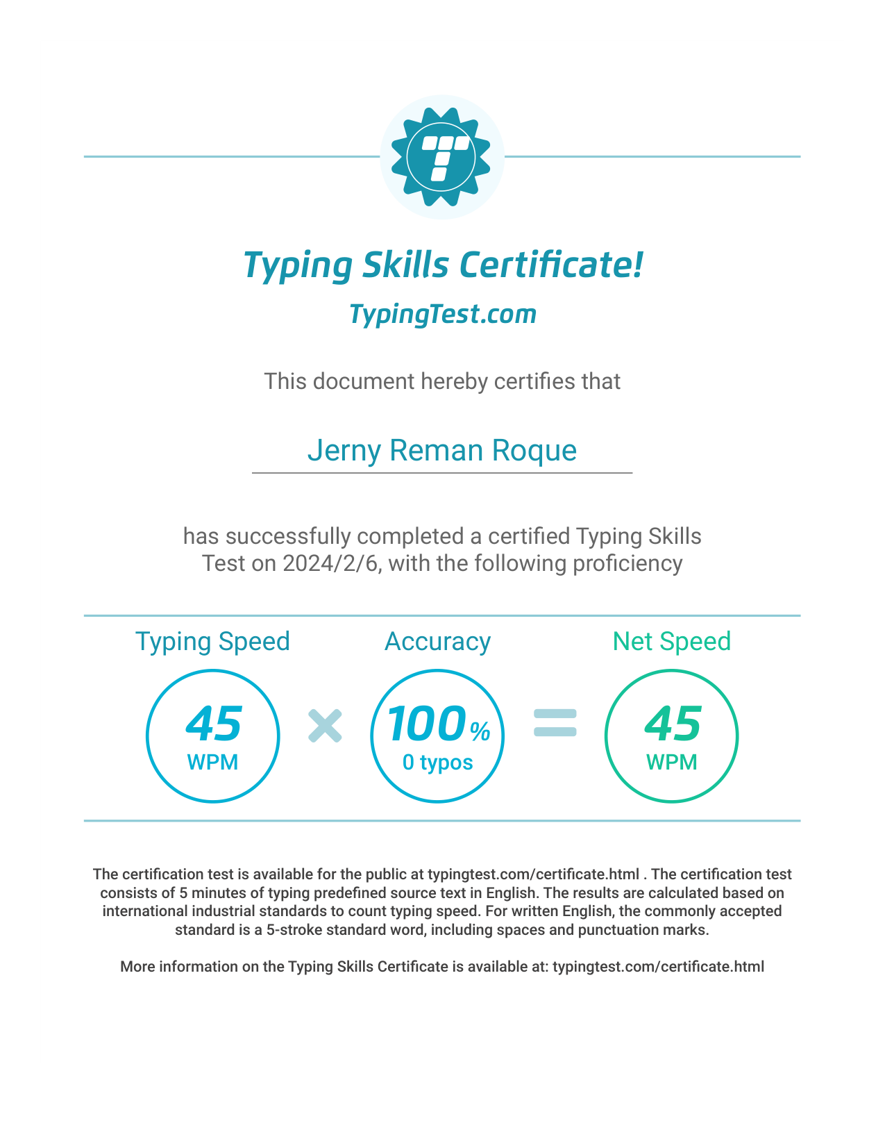 Certificate of Typing Test