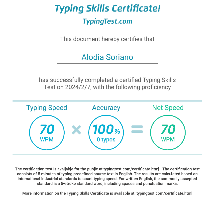 Typing Skills Certificate (70 wpm) 2024