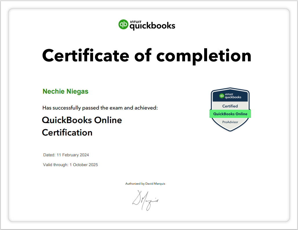 Certificate of completion - QB Online Cert