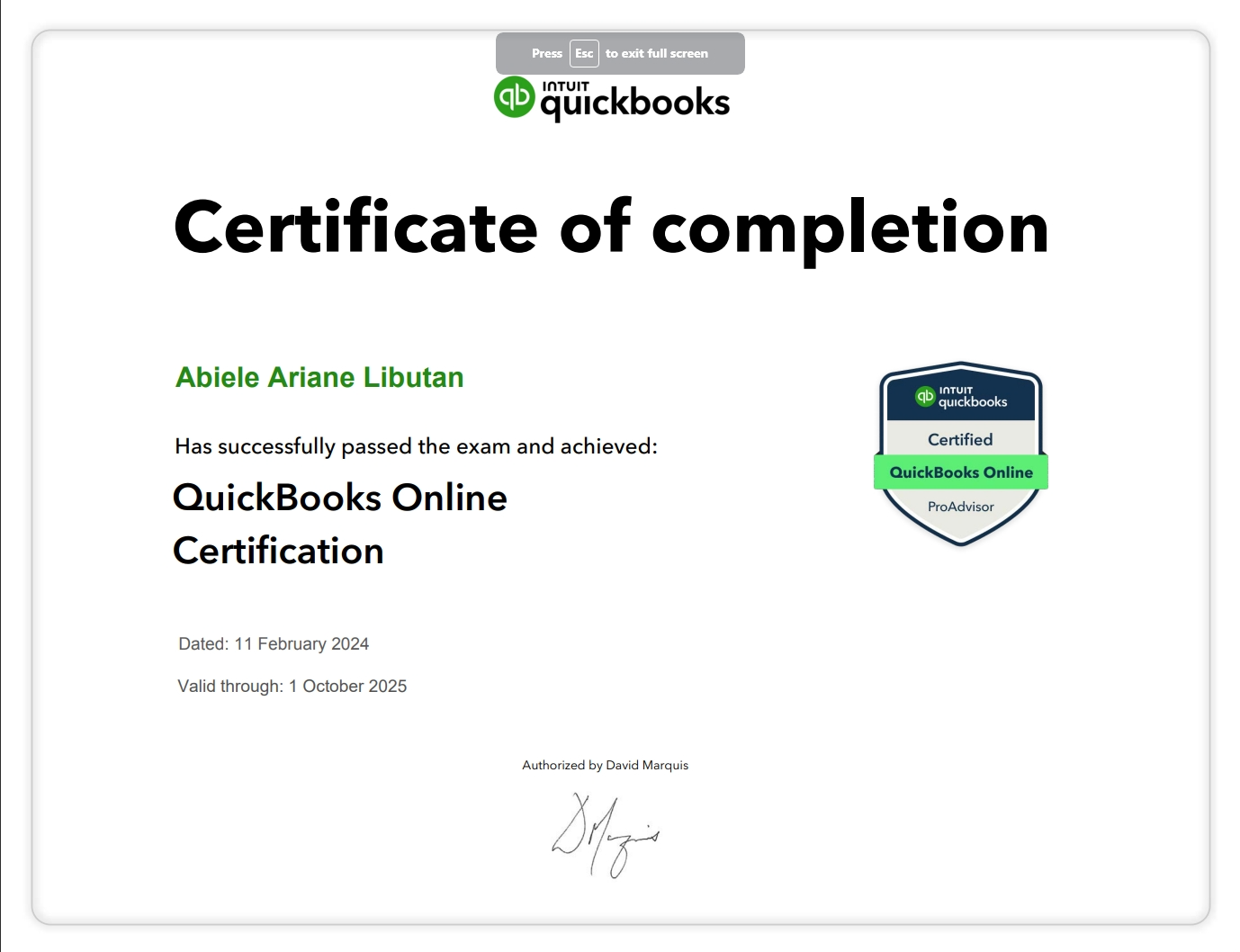 Quickbooks ProAdvisor Certificate