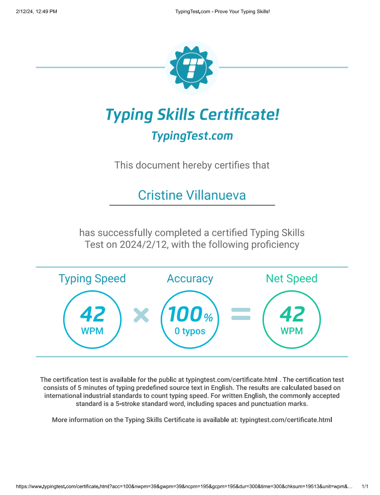 Typing Skills Certificate