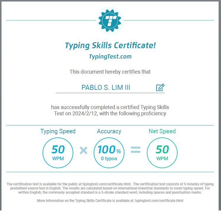 Typing Skills Certificate