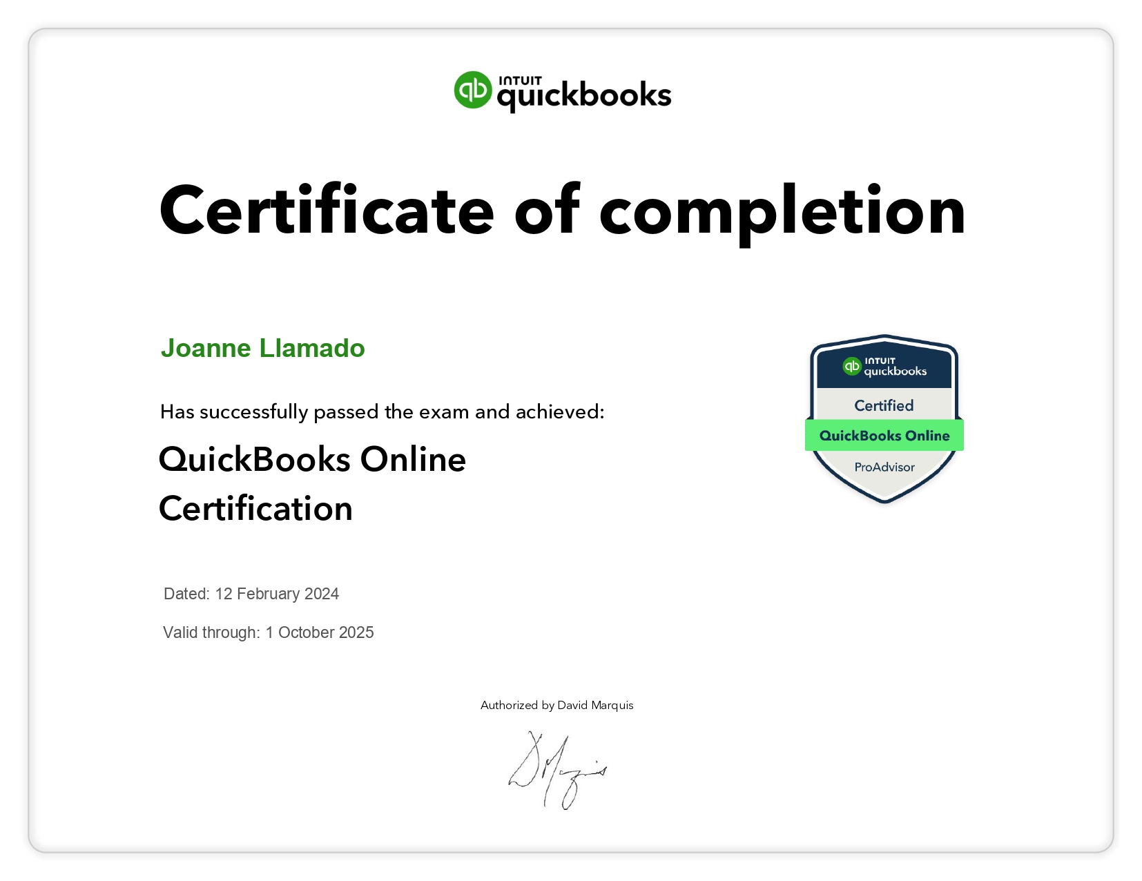 Quickbooks Pro Advisor Certificate