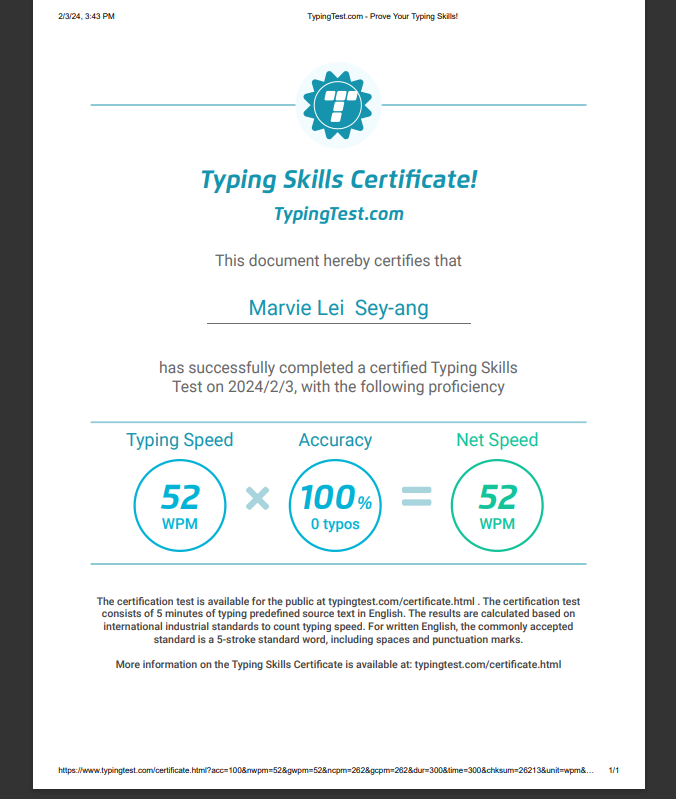 Typing Test Certificate