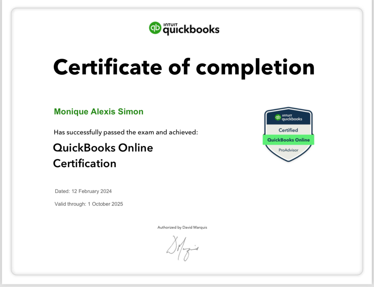 QuickBooks Online Certified ProAdvisor Certificate