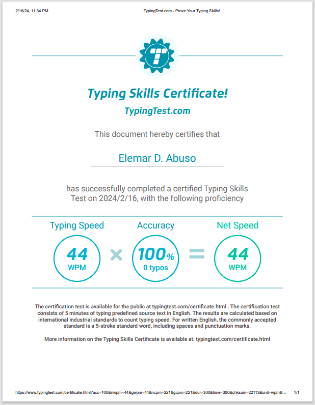 Typing Skills Certificate