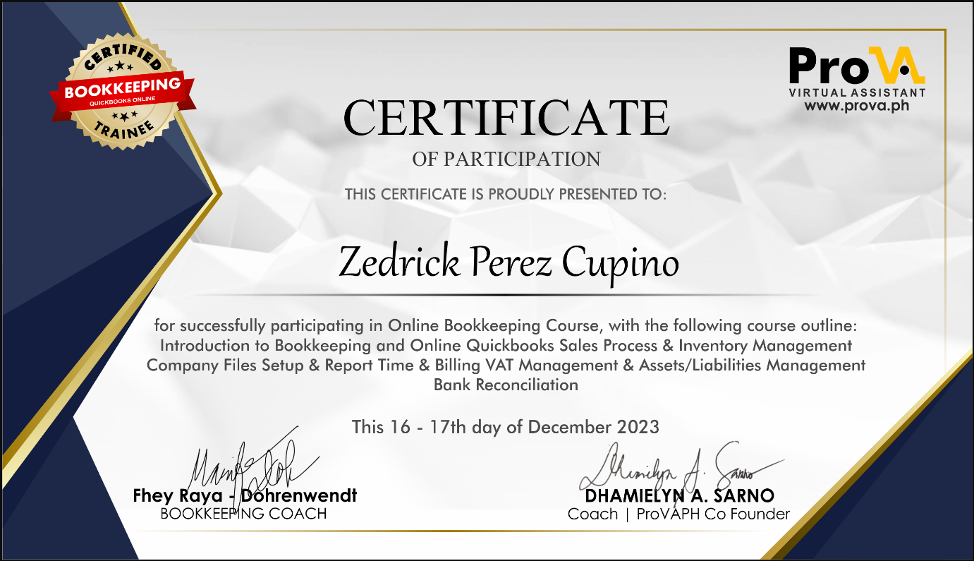 Bookkeeping Certificate (Quickbooks Online)