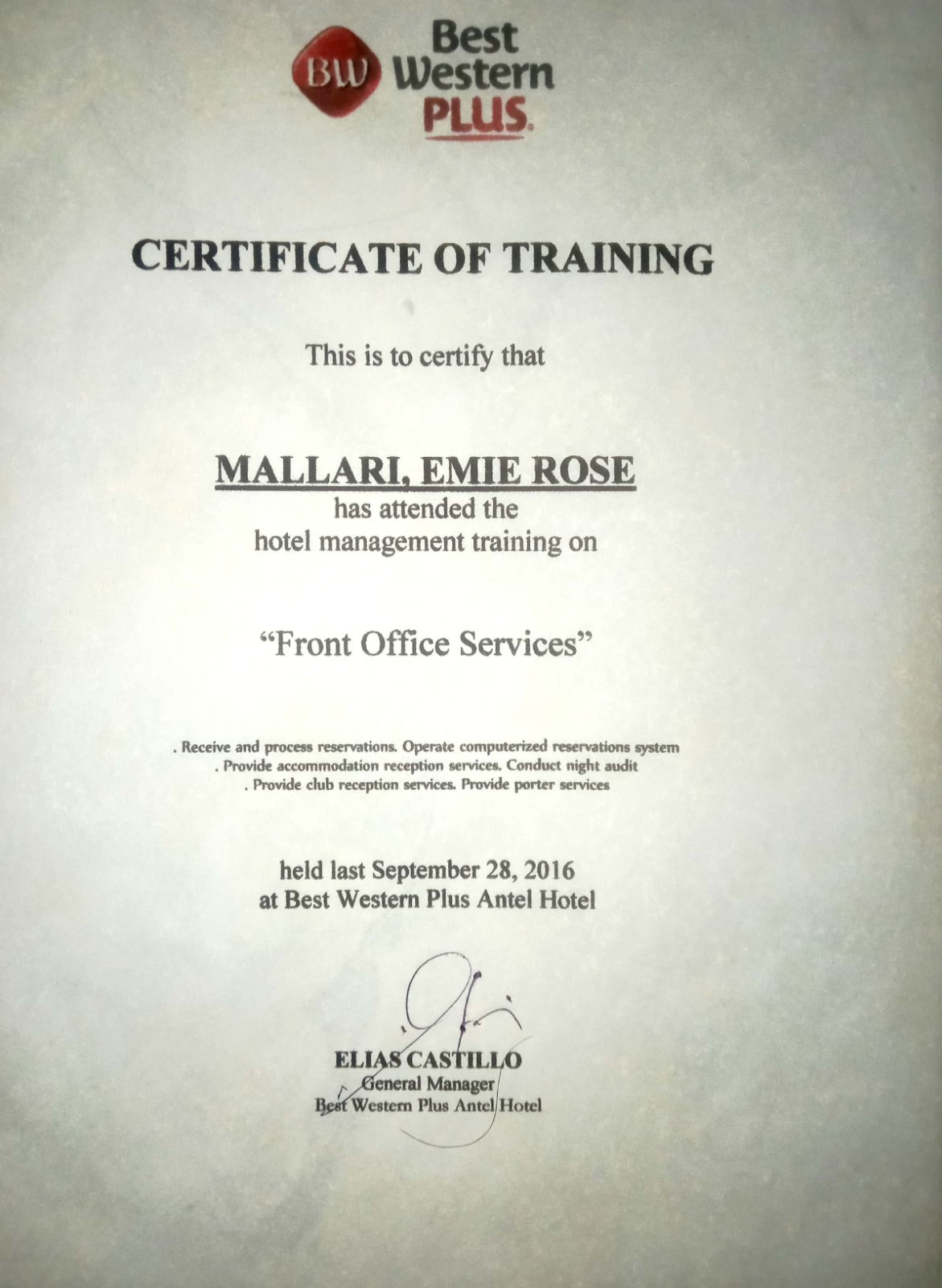 FRONT OFFICE SERVICES CERTIFICATE