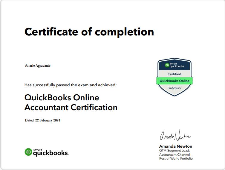 QUICKBOOKS ONLINE ACCOUNTANT CERTIFICATE