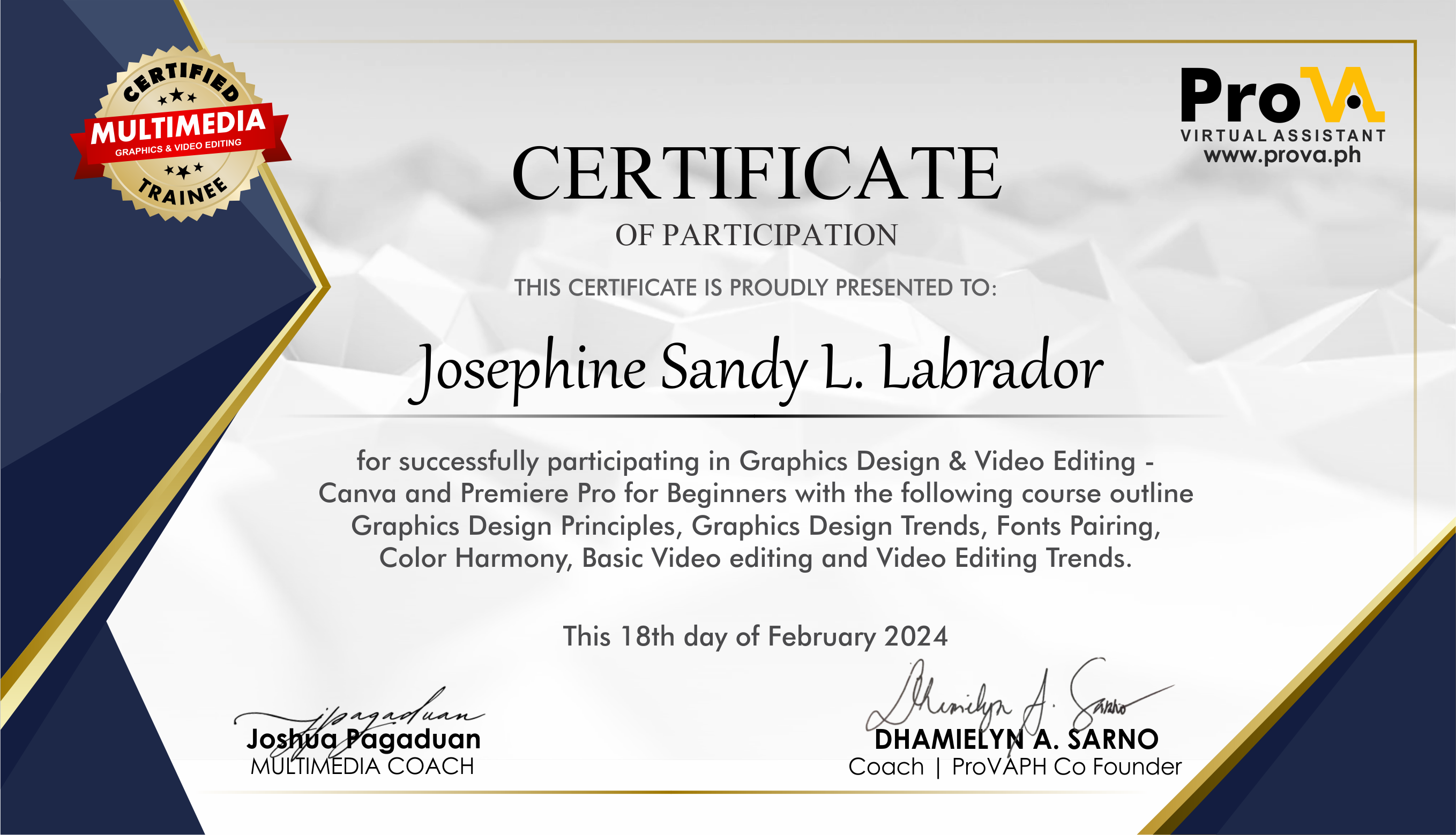 Graphic Design & Video Editing VA Certificate