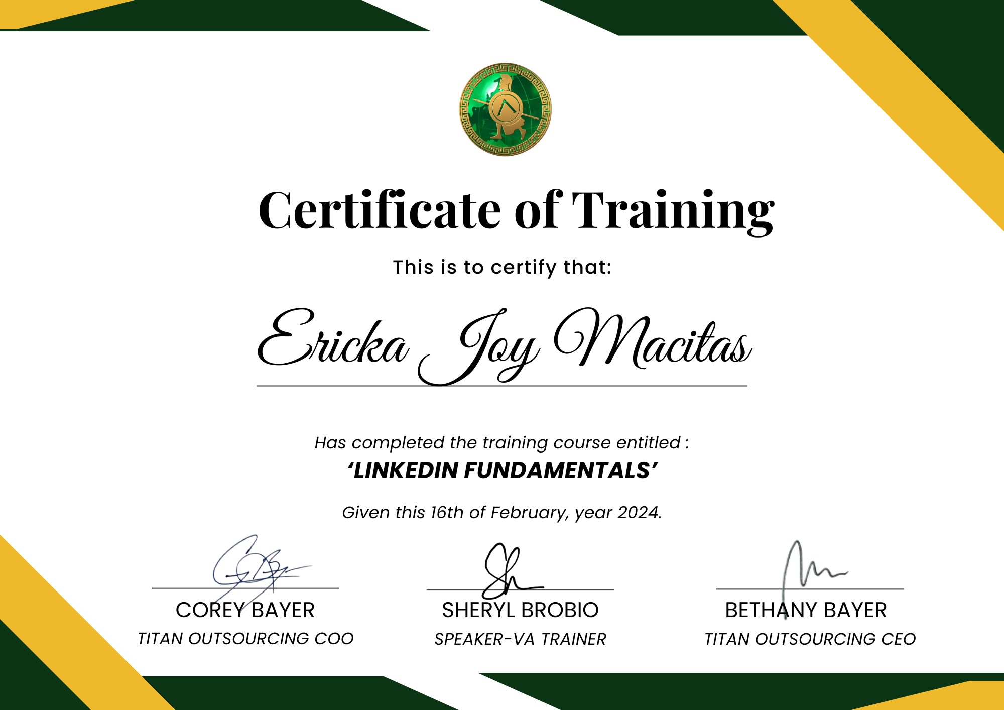 Certificate of Training (LinkedIn)