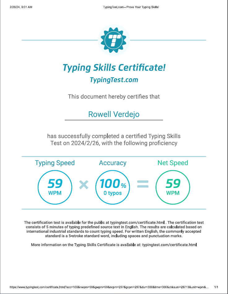 Typing Skills Certificate