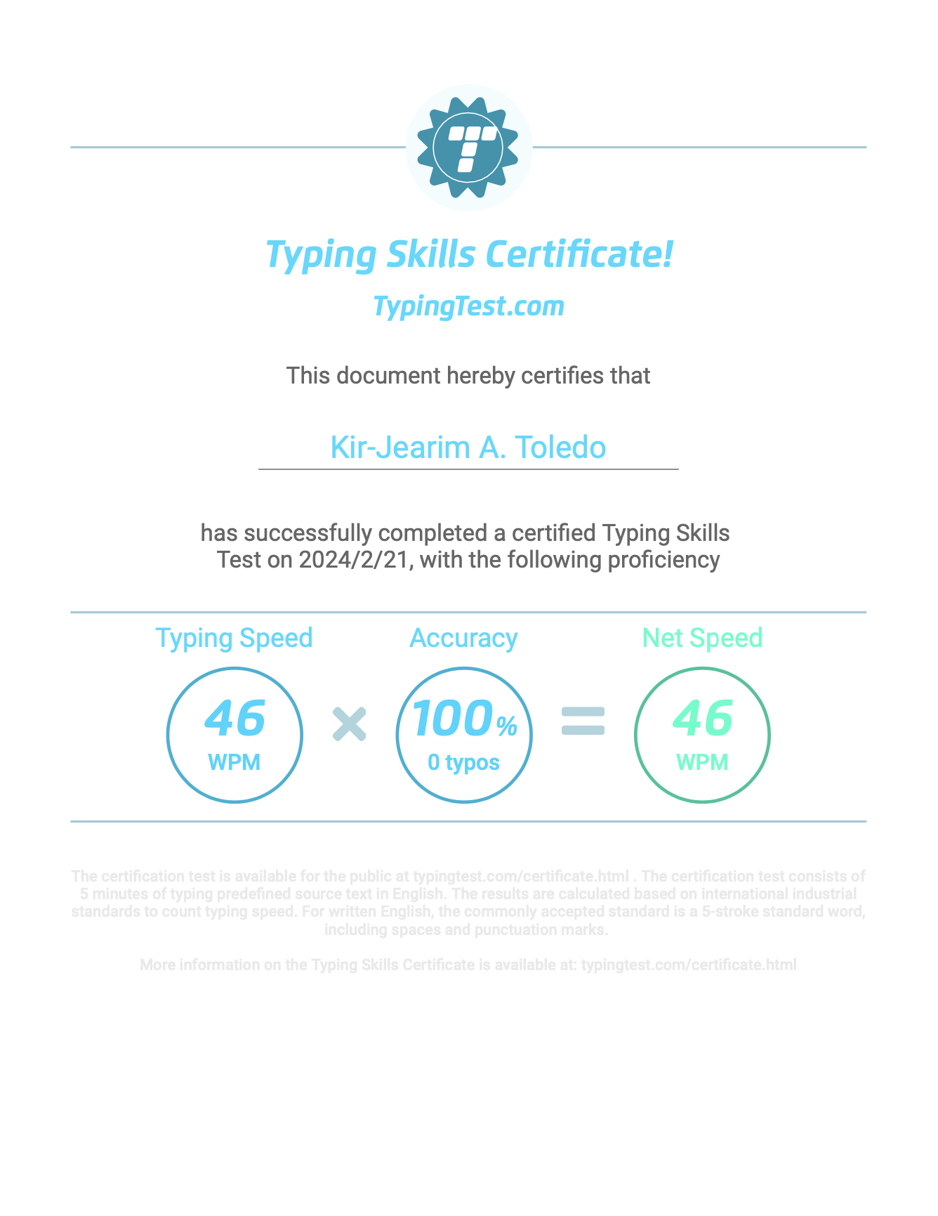 Typing Test Certificate