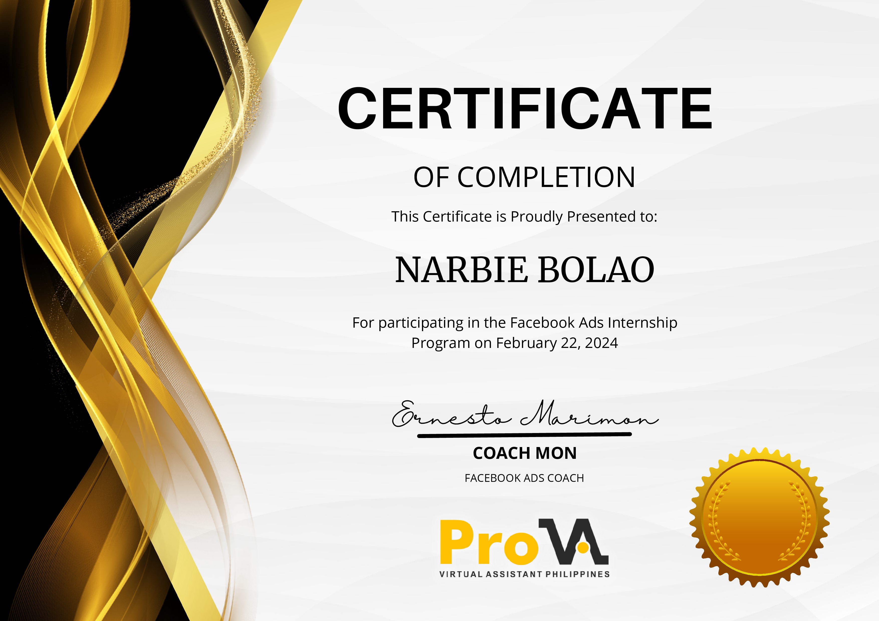 Facebook Ads Internship Completion Certificate
