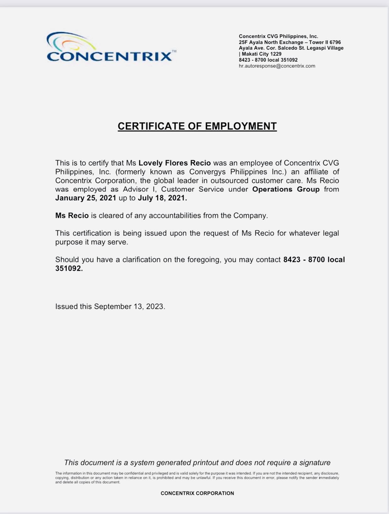 Concentrix Certificate of Employment