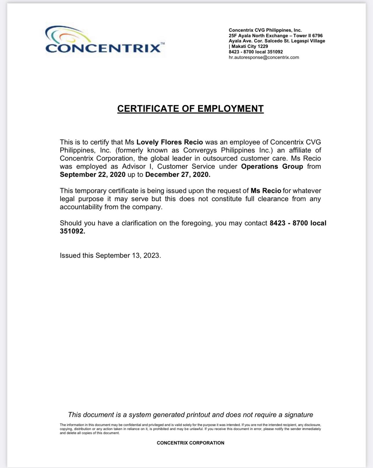 Concentrix Certificate of Employment