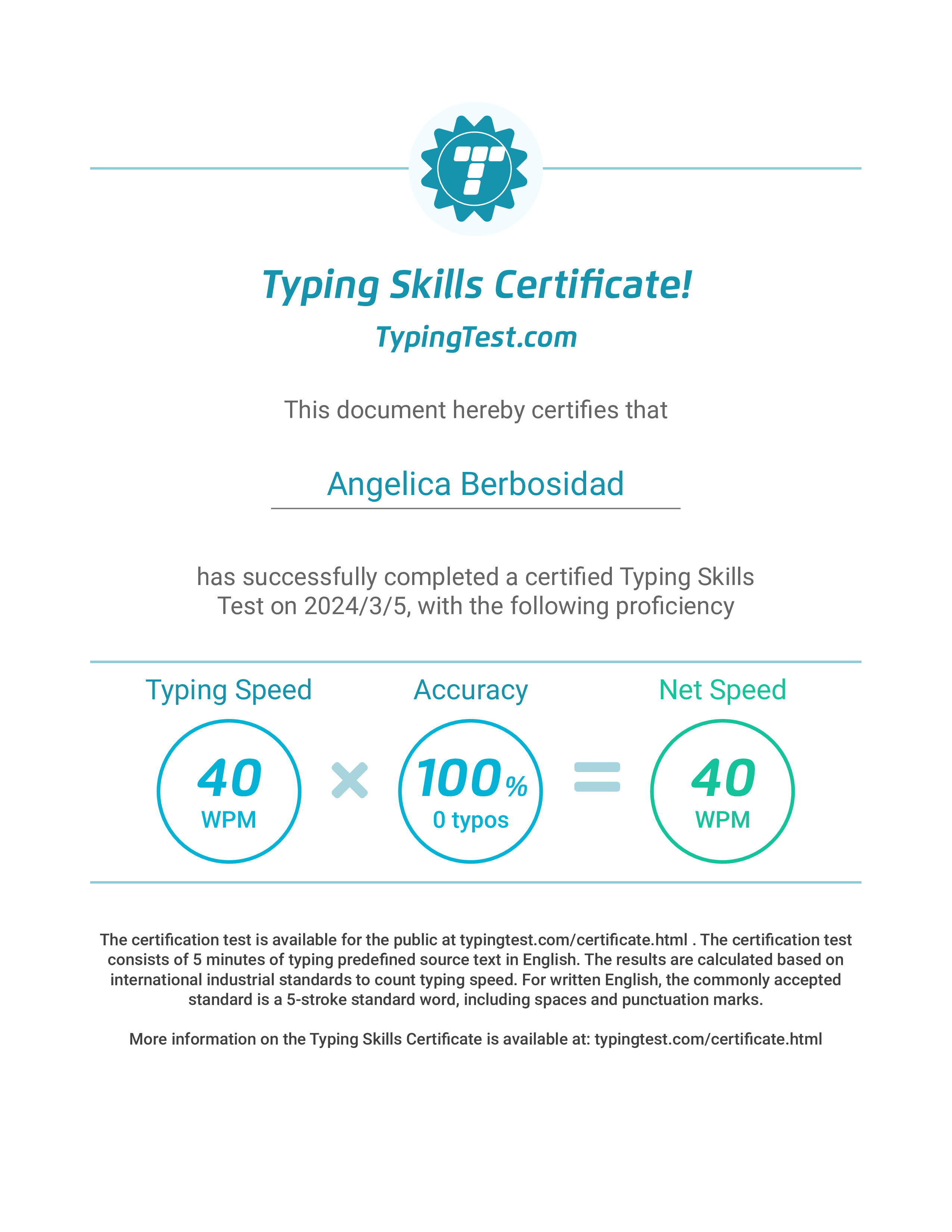 Typing Test Certificate