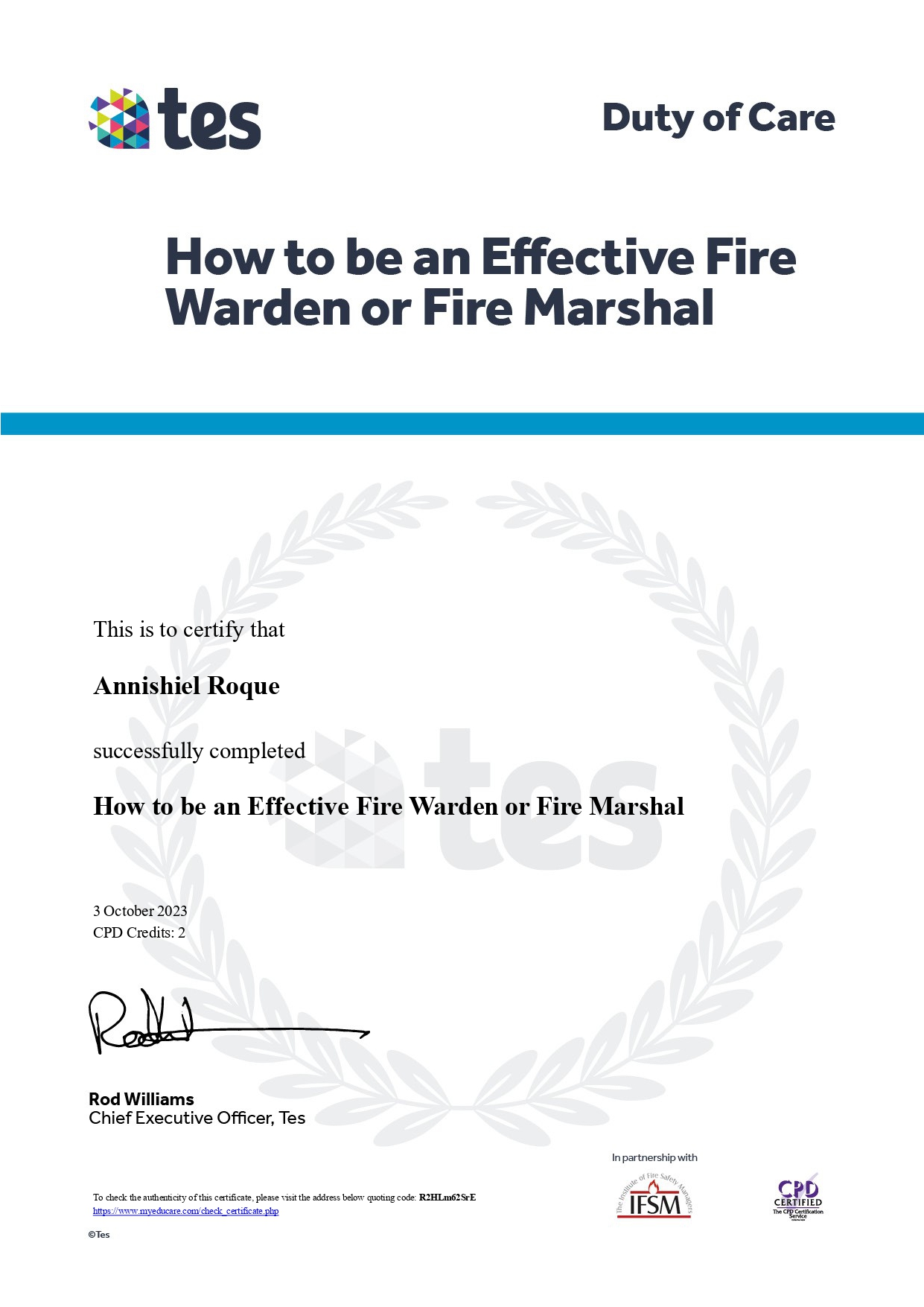 Fire Marshal Training Certificate