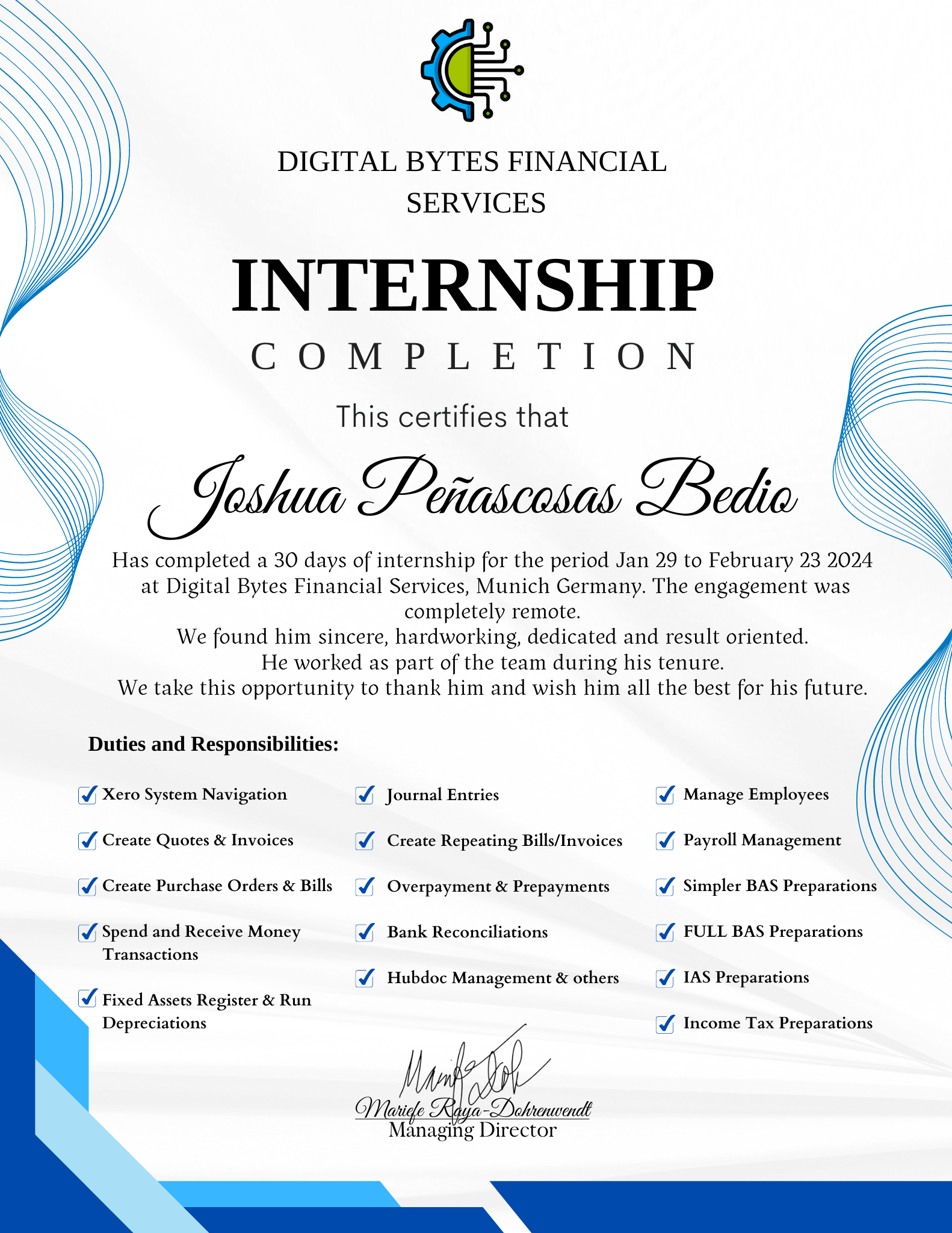 Xero Internship Certificate