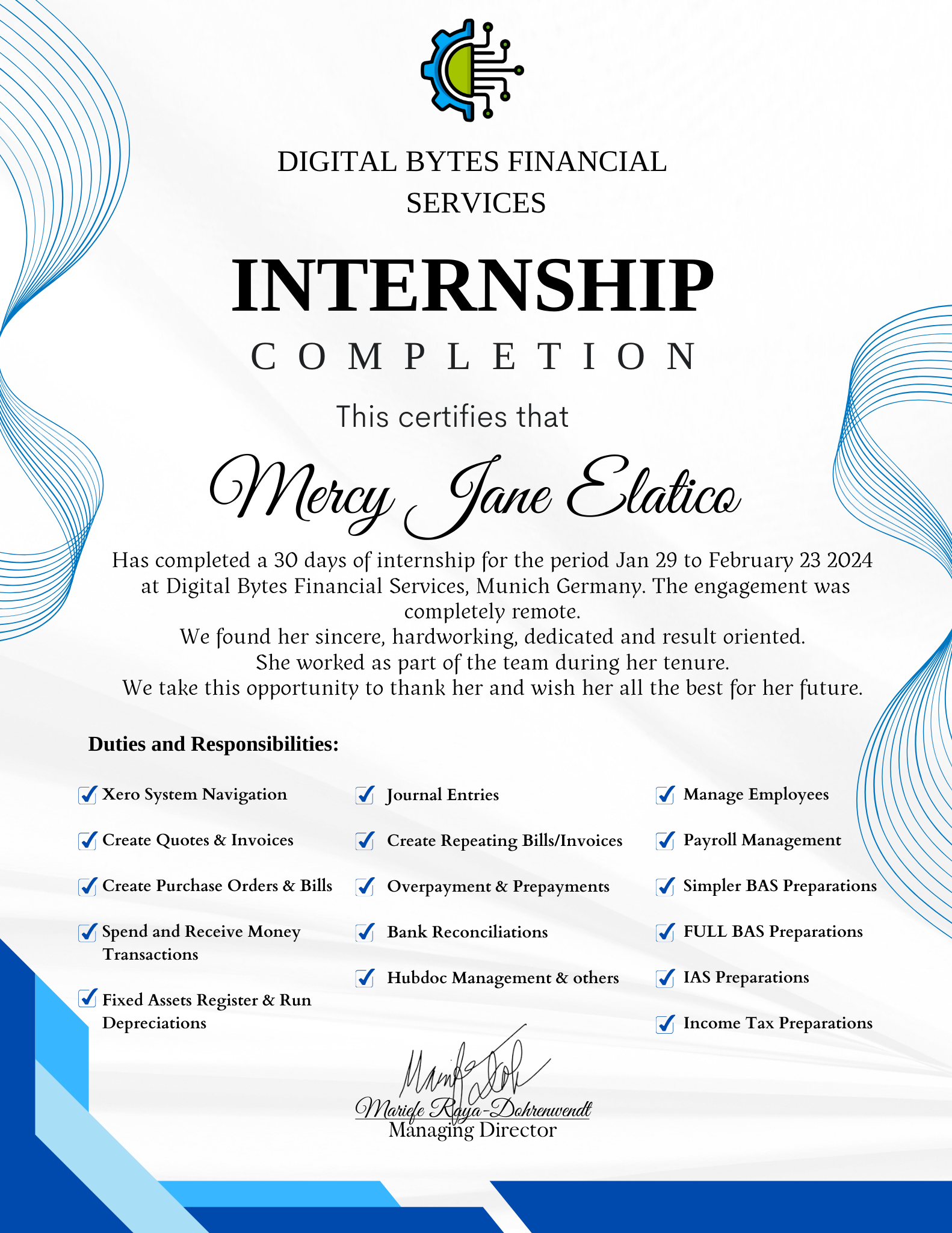 Bookkeeping Internship Certificate of Completion