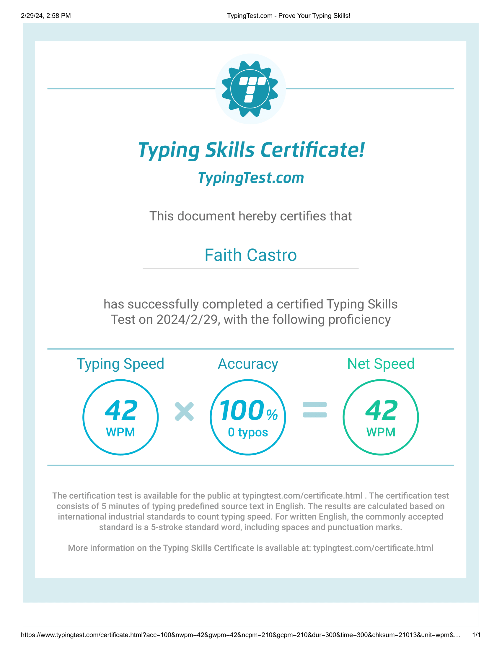 Typing Skills Certificate