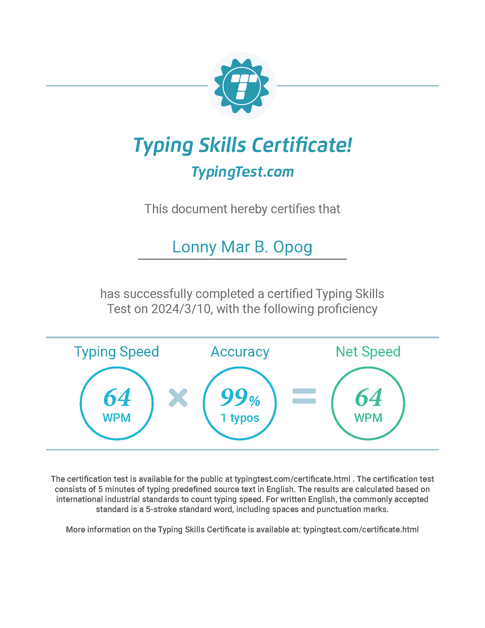 TYPING TEST CERTIFICATE