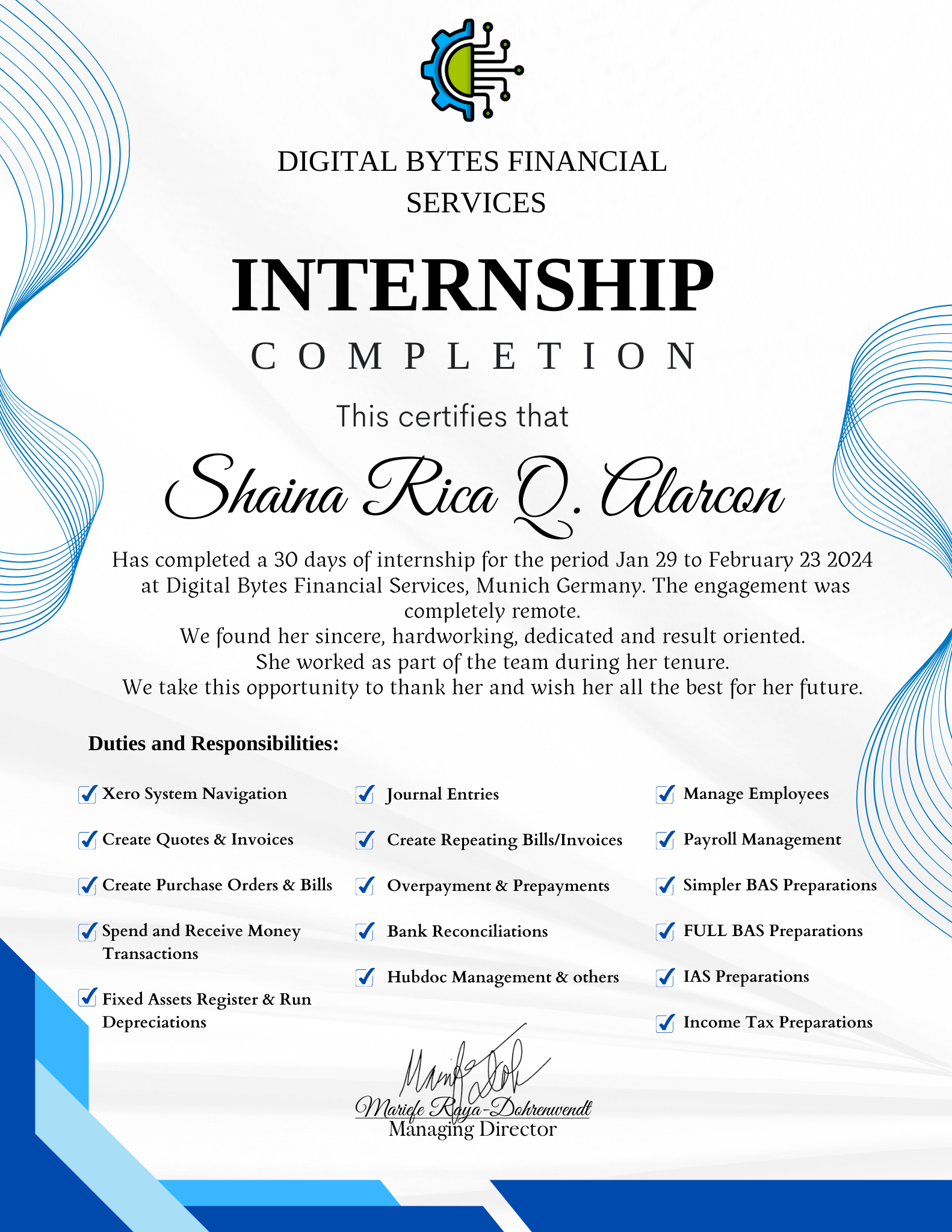 XERO NAVIGATION-Internship Completion Certificate