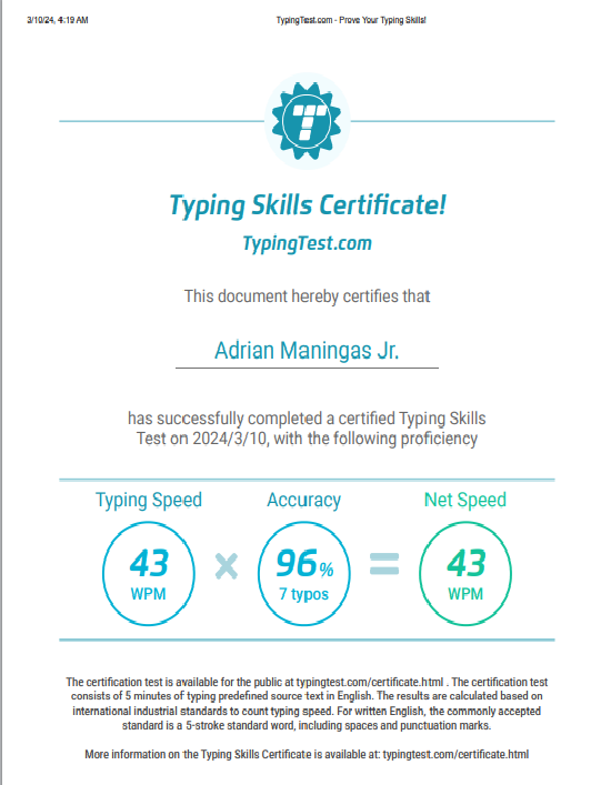 Typing Skills Certificate