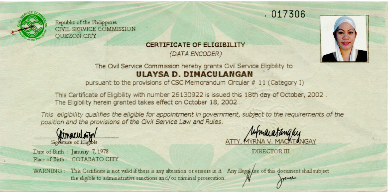 Certificate of Eligibility (Data Encoder)