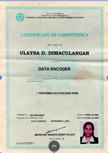 Certificate of Competency as Data Encoder