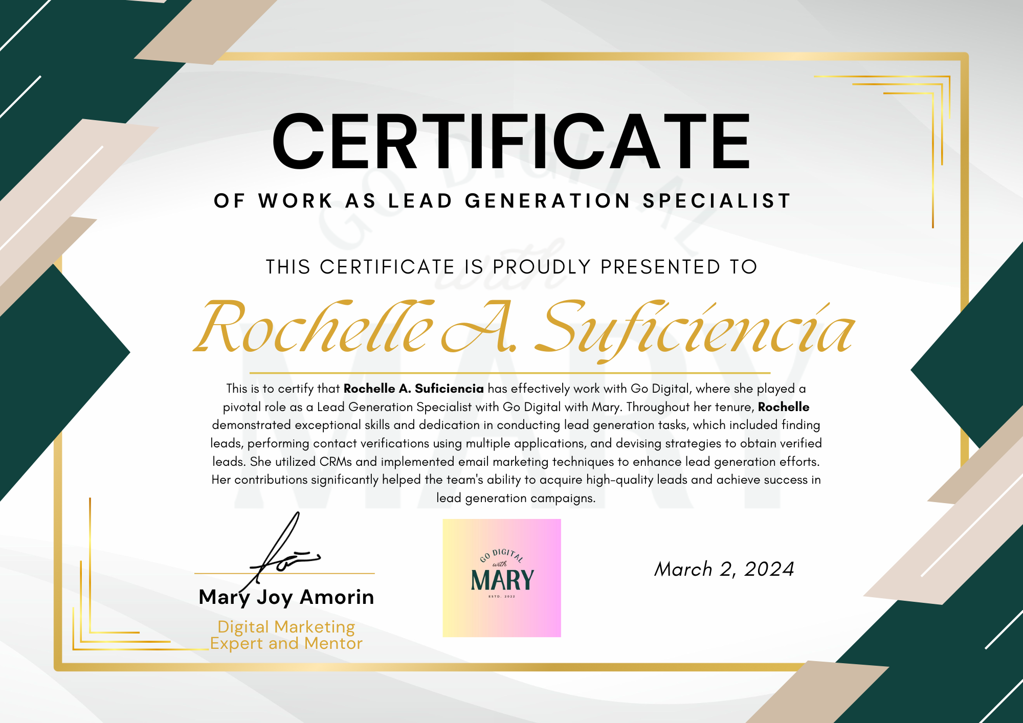 Go  Digital with Mary Internship Certificate