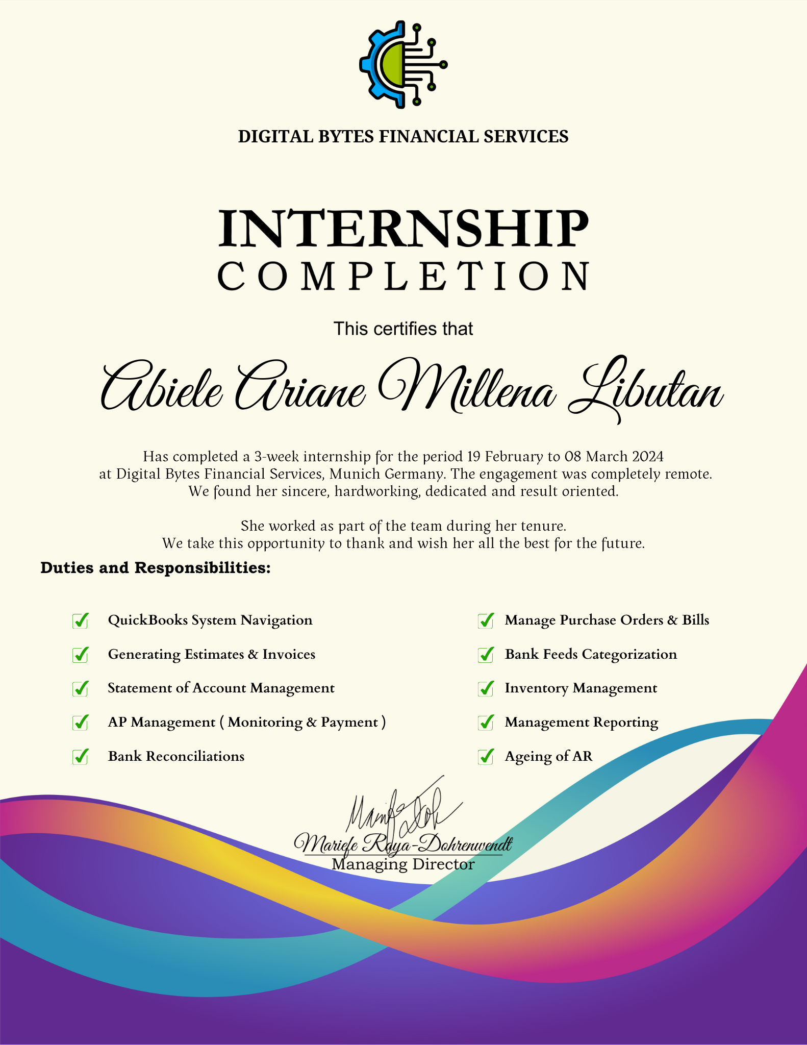 Quickbooks Internship Certificate