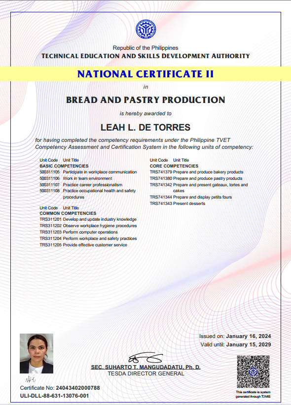 National Certificate 2 for breads and pastry