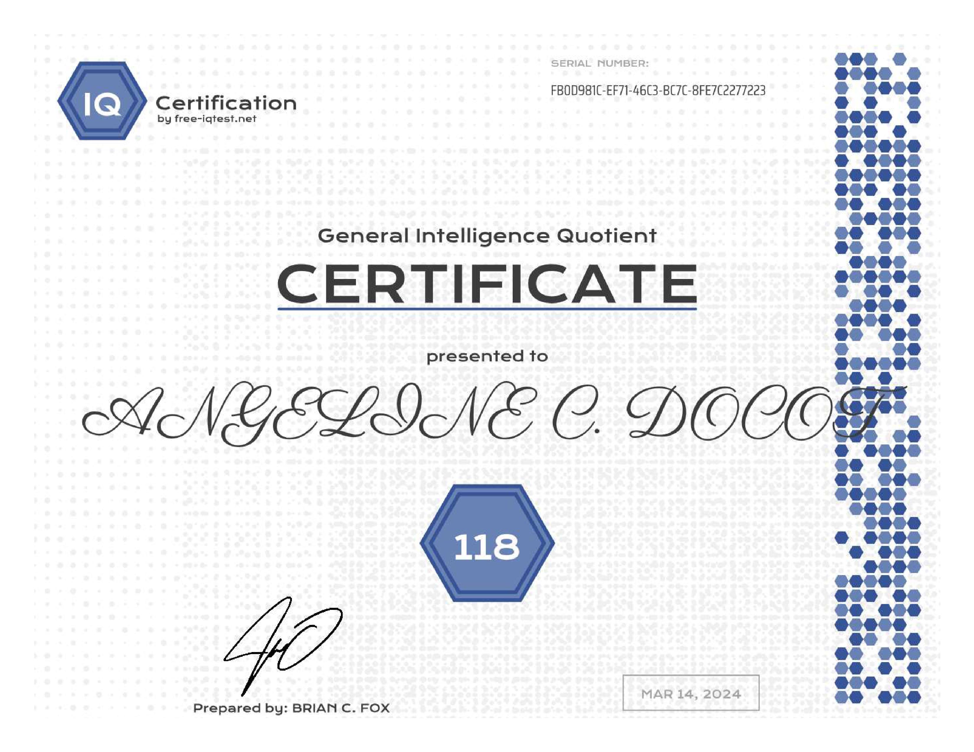 IQ TEST CERTIFICATE