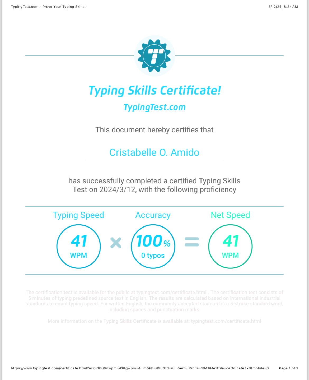 Typing Skills Certificate