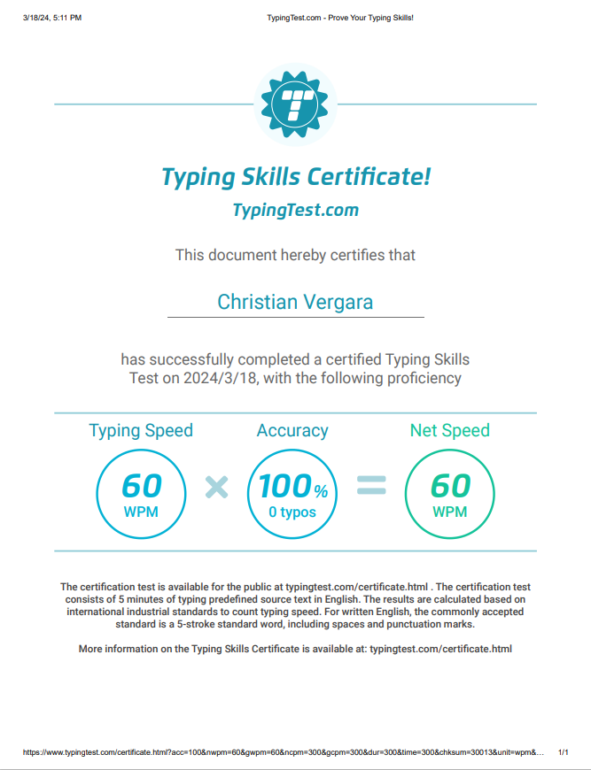 Typing Skills Certificate