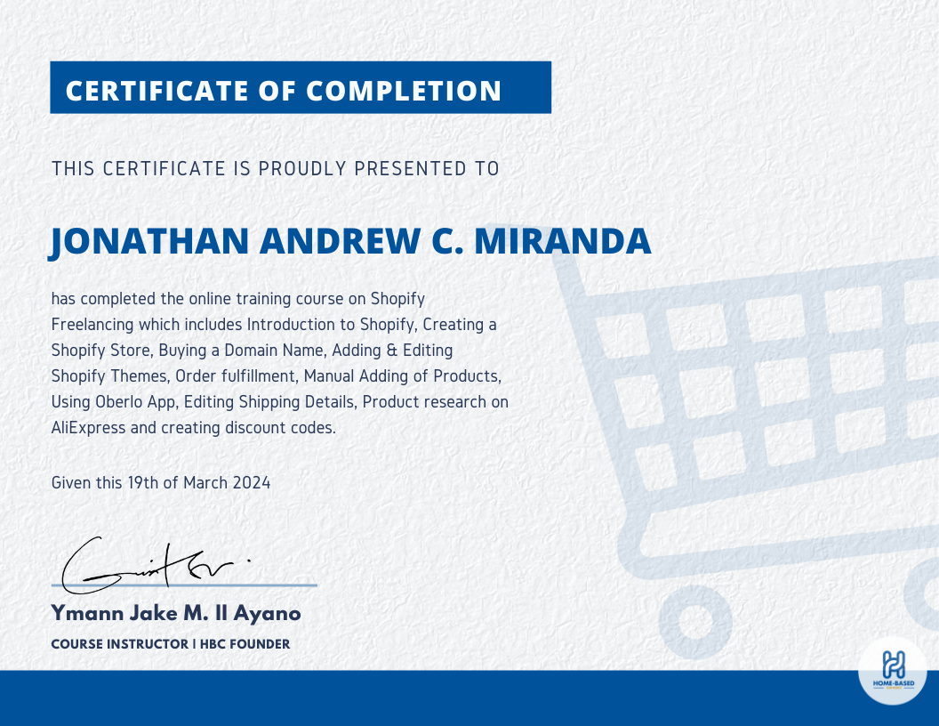 Certificate of Completion for Shopify Freelancing Course