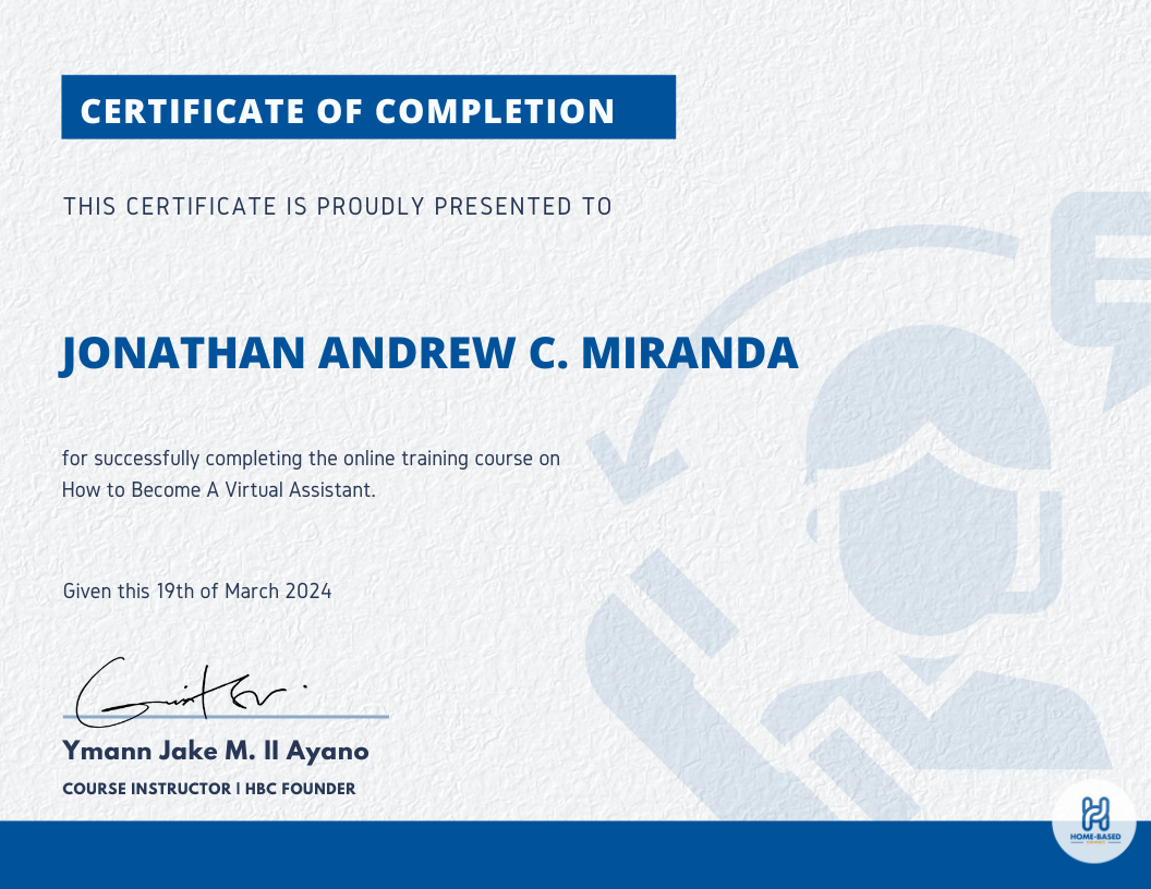 Certificate of Completion on VA course